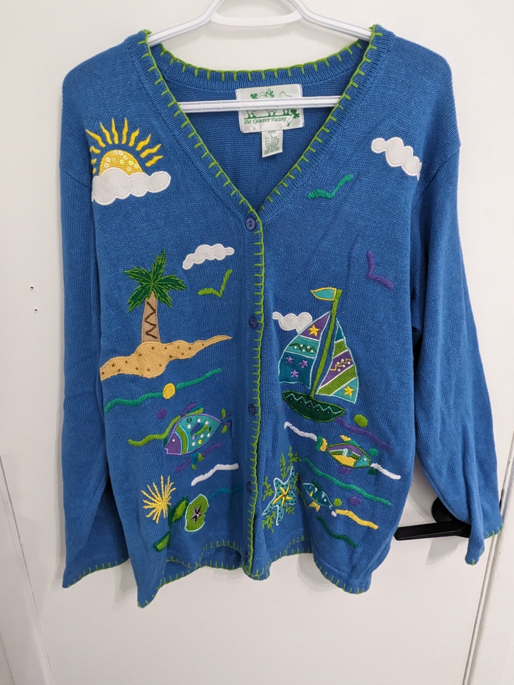 Quacker Factory Blue Nautical Embroidered Cardigan